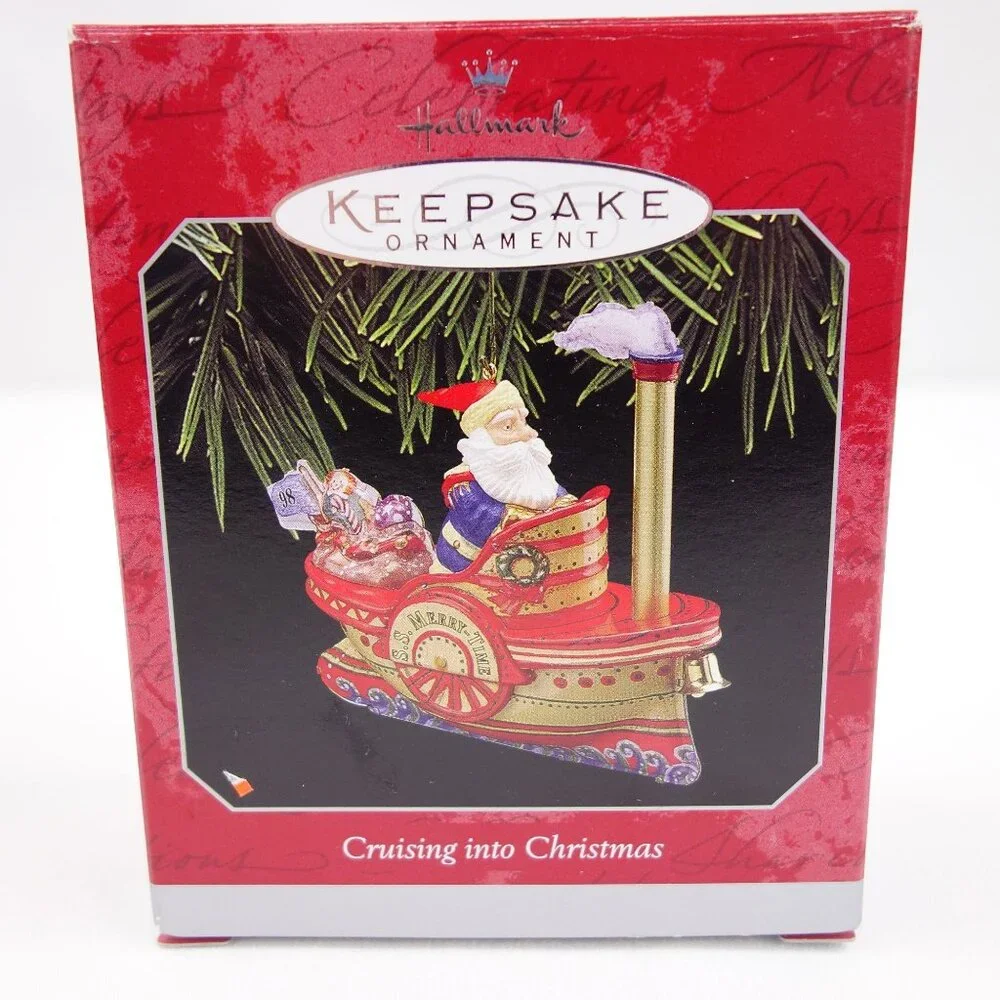Vintage 1998‎ Hallmark Cruising Into Christmas Santa Tin Steamboat Ornament